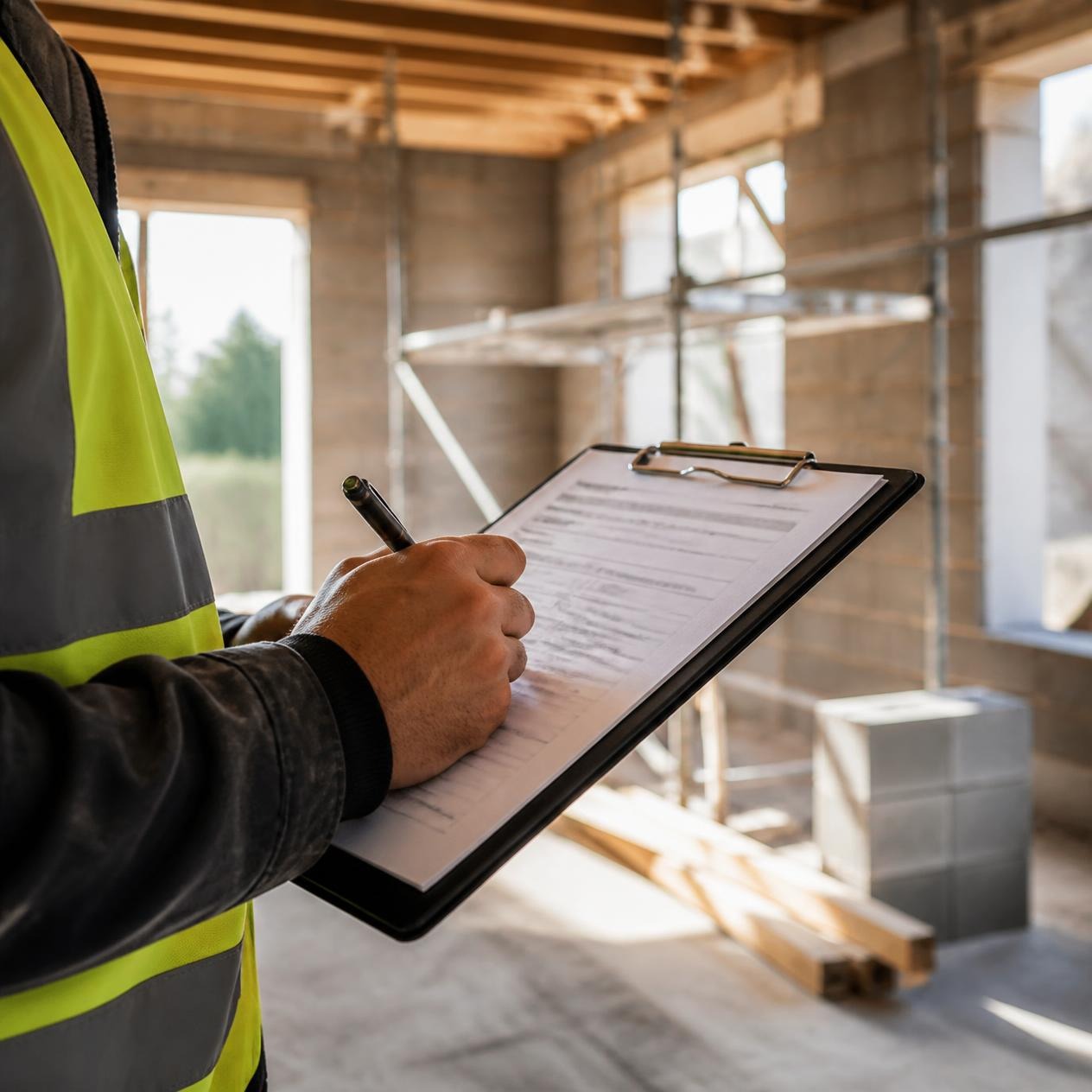 Bausachverständiger bei der Prüfung auf der Baustelle